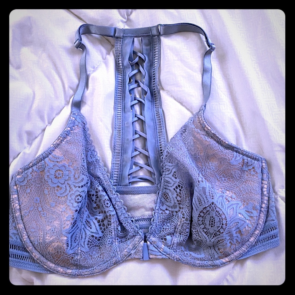 Blue lacy racer back VS bra, lace up detail 34DD